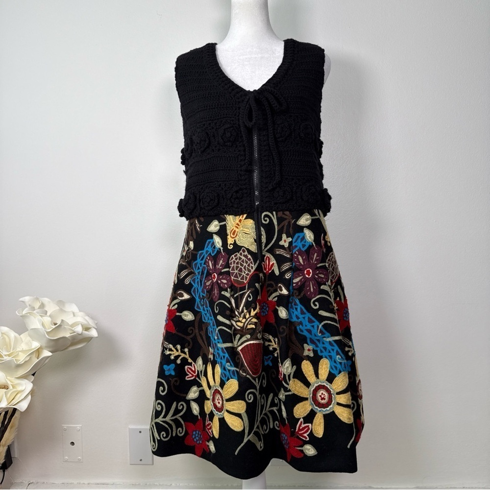 Desigual Dress Embroidered Floral Bottom Crochet Top Size EU 38 small Wool blend